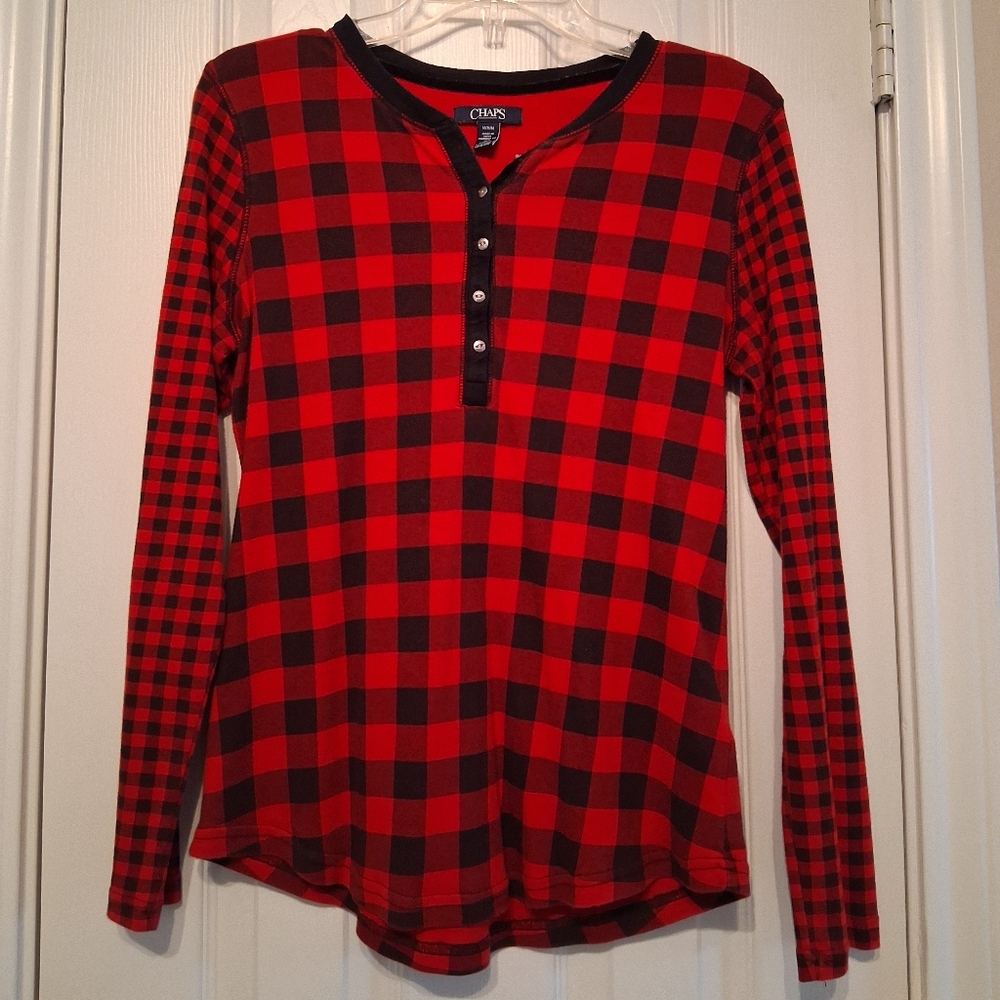 Chaps Women's Black and Red Checkered Long Sleeve Top Buffalo Plaid